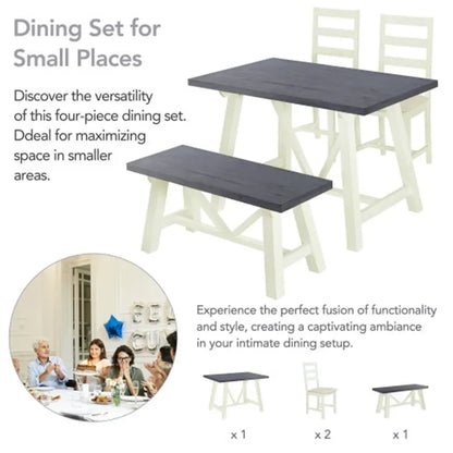 Farmhouse 4-Piece Solid Wood Dining Set with Bench – Rustic, Durable, Easy to Assemble