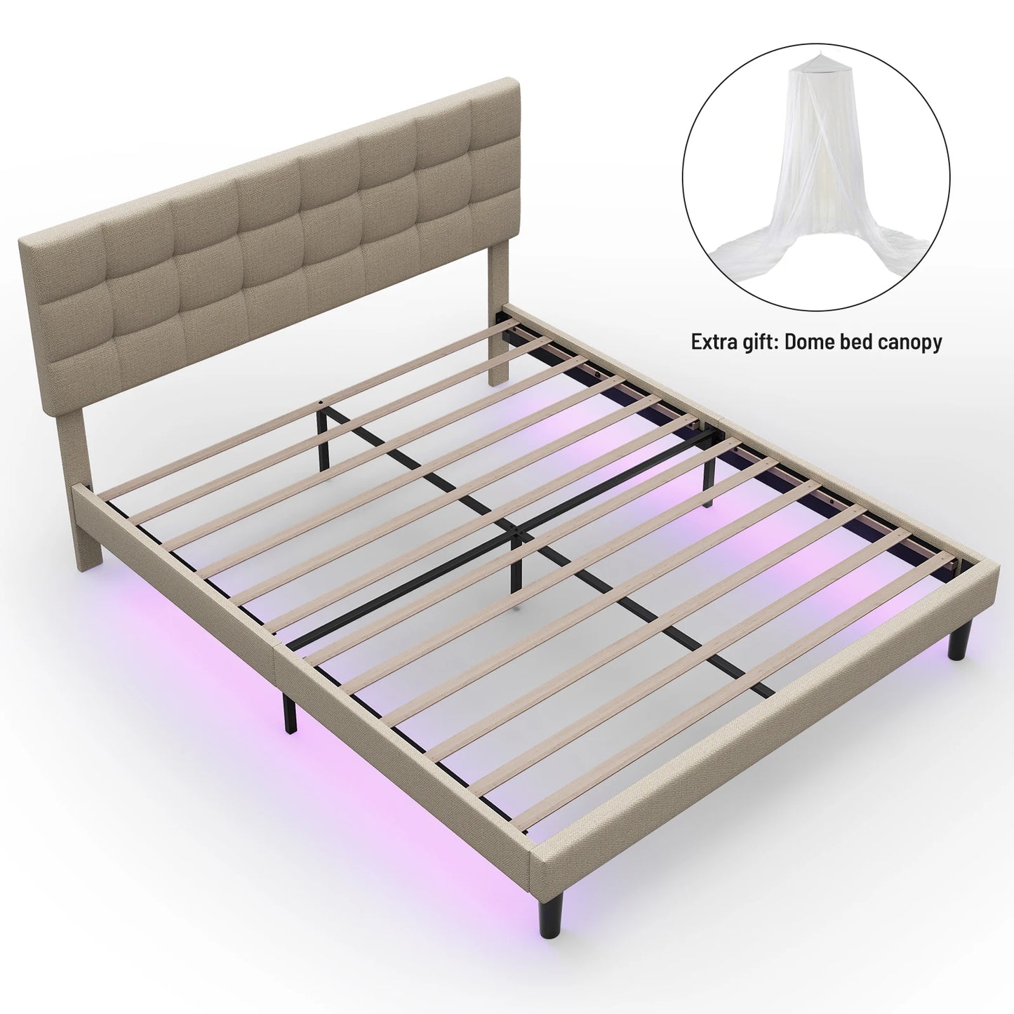 Queen Size Upholstered Platform Bed Frame with RGB Lights - Adjustable Headboard & Strong Slats System