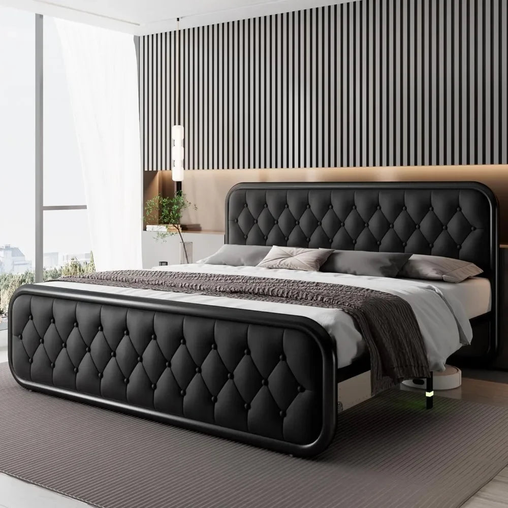 Minimalist Faux Leather Bed Frame with Headboard - Available in Full Size