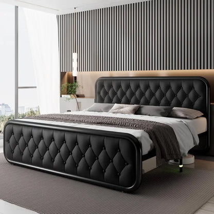 Minimalist Faux Leather Bed Frame with Headboard - Available in Full Size