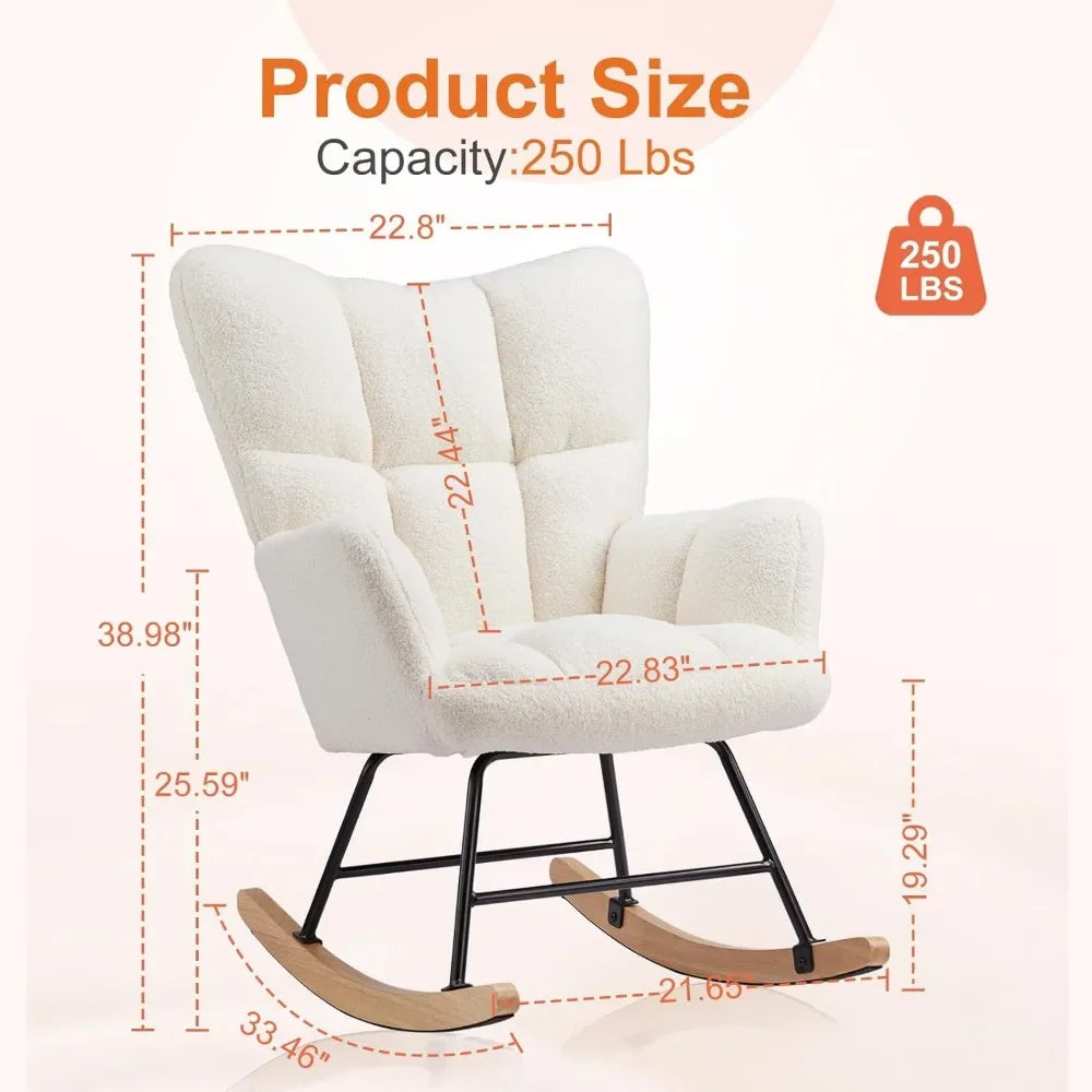 Ergonomic High-Back Papasan Rocking Chair with Wooden Legs and Soft Fabric Cushion