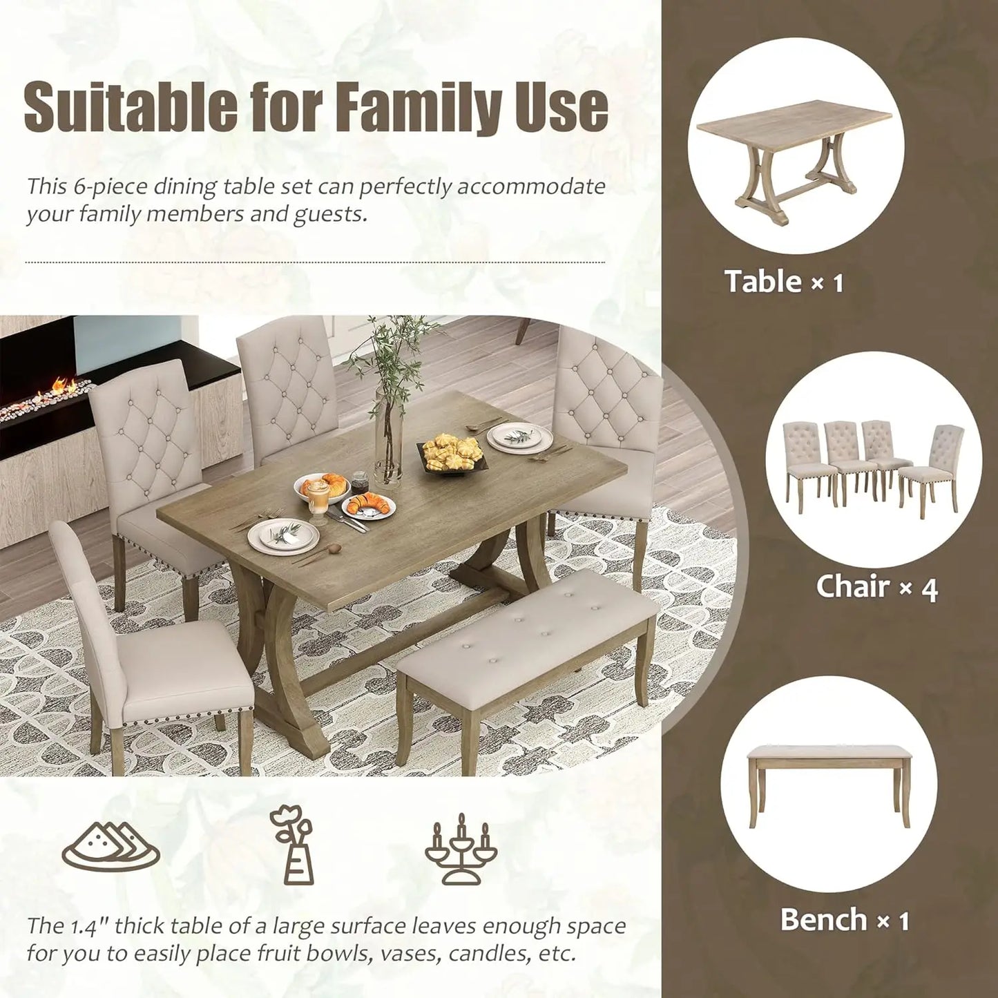 Farmhouse 6-Piece Dining Room Set – Rectangular Trestle Table, 4 Upholstered Chairs & Bench, Kitchen Furniture Set