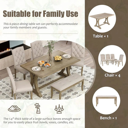 Farmhouse 6-Piece Dining Room Set – Rectangular Trestle Table, 4 Upholstered Chairs & Bench, Kitchen Furniture Set