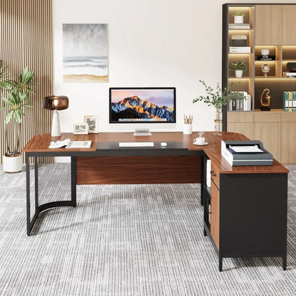 63" L-Shaped Executive Desk with Storage Cabinet – Vintage Walnut Wood Grain Office Desk, Spacious Workstation