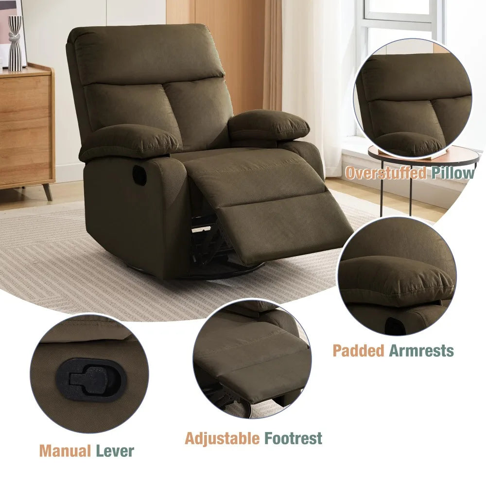 Versatile Swivel Rocker Recliner Chair with Memory Foam Cushion and 360° Swivel, Ideal for Small Spaces, RV, and Nursery