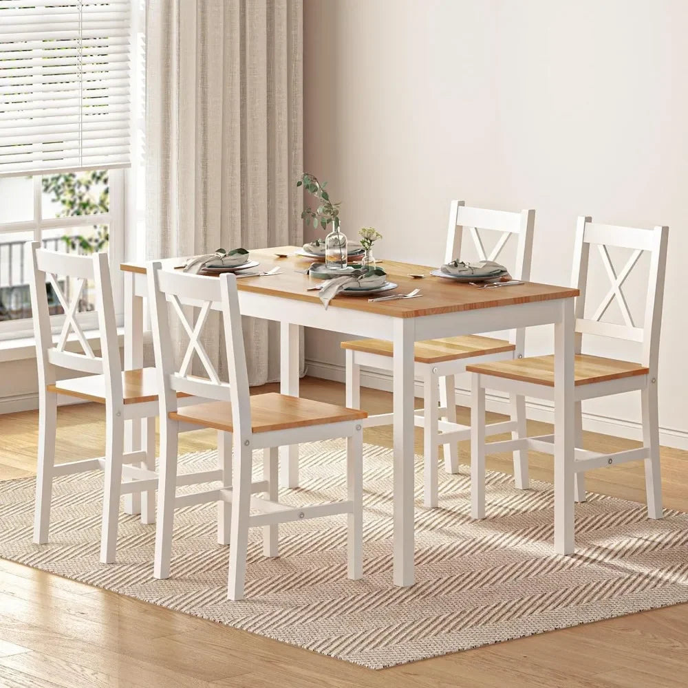 5-Piece Modern Dining Table Set – Rectangular Table with 4 Chairs, Solid Wood, Gray and White Finish