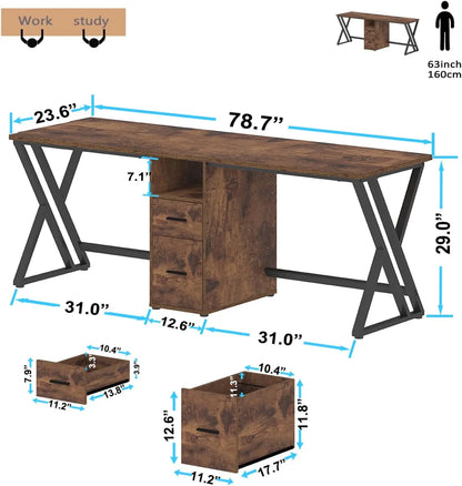 LVB Double Desk - Industrial Style Writing and Computer Desk with Storage