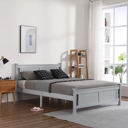 Solid Wood Bed Frame with Geometric Pattern Headboard – Available in Queen, Full, and Twin Sizes, Grey Finish, Easy Assembly, No Box Spring Needed