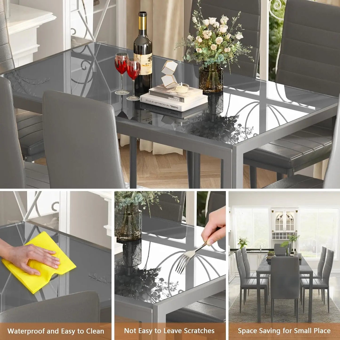 7-Piece Modern Dining Table Set – Rectangular Faux Marble Table with 4 PU Leather Chairs, Space-Saving Design