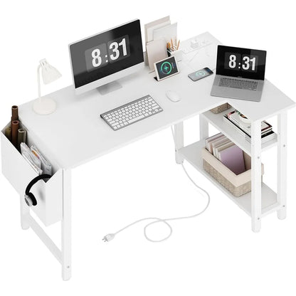 Modern L-Shaped Computer Desk with Built-in Power Strip and Storage Shelves – Wooden