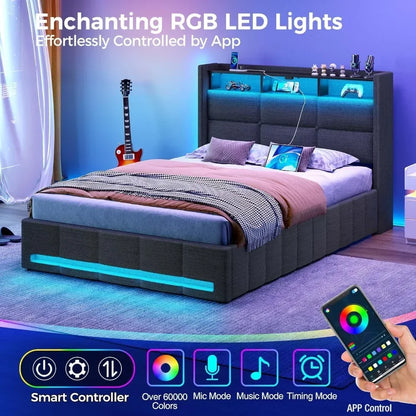 Full-Size Metal Platform Bed with Storage - LED Lights and USB Charging Station