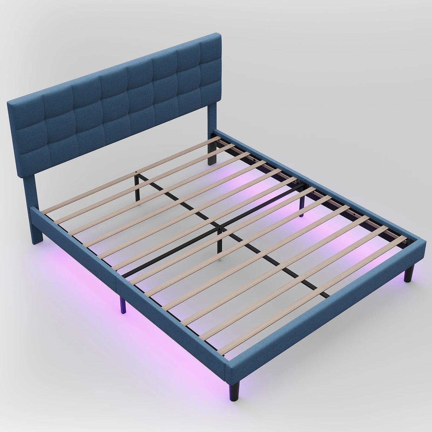 Queen Size Upholstered Platform Bed Frame with RGB Lights - Adjustable Headboard & Strong Slats System