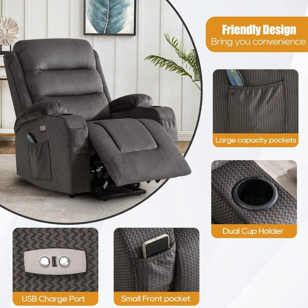 Electric Power Lift Recliner Chair with Full-Body Vibration and Heating for Elderly, USB Charging, Massage Functions, and Cup Holders