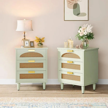 Mint Green Nightstand, 3-Drawer Rattan Night Stand Side Table, Accent Bedside Tables End Table for Bedroom and Small nightstand