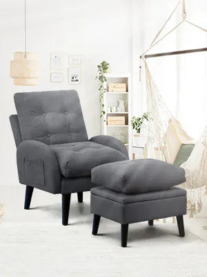 Grey Wingback Accent Chair with Ottoman, 5-Position Adjustable Backrest, Storage Ottoman, Solid Wood Frame, Modern Lounge Chair for Living Room, Office, or Bedroom