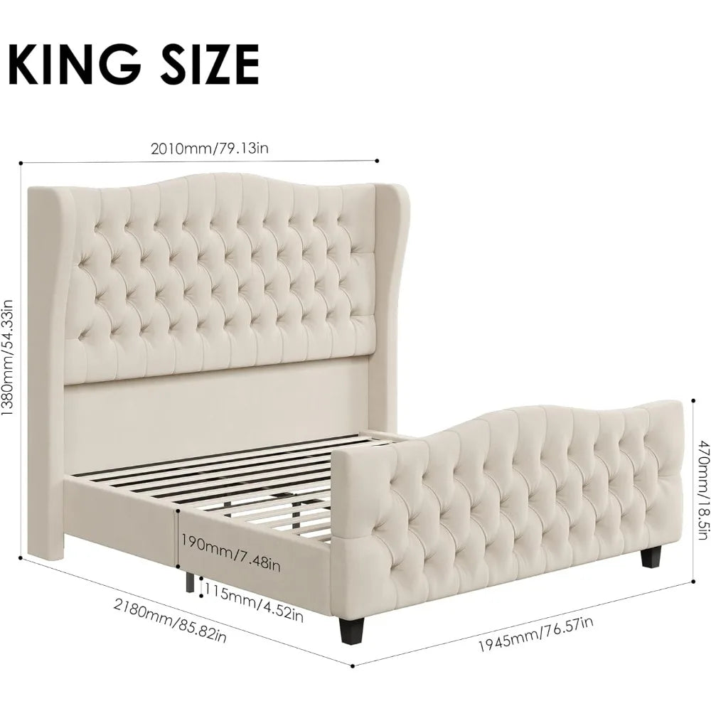 Velvet Upholstered Bed Frame with Wingback Headboard - Available in Full, Queen, and King Sizes