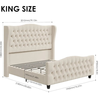 Velvet Upholstered Bed Frame with Wingback Headboard - Available in Full, Queen, and King Sizes
