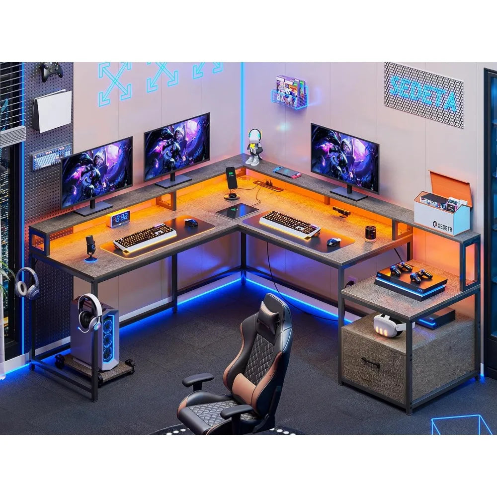 Modern L-Shaped Office Desk with LED Lights, Storage Shelves, File Drawer & Power Outlet (Black)