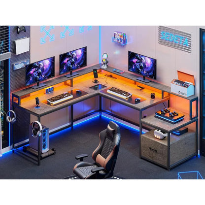 Modern L-Shaped Office Desk with LED Lights, Storage Shelves, File Drawer & Power Outlet (Black)