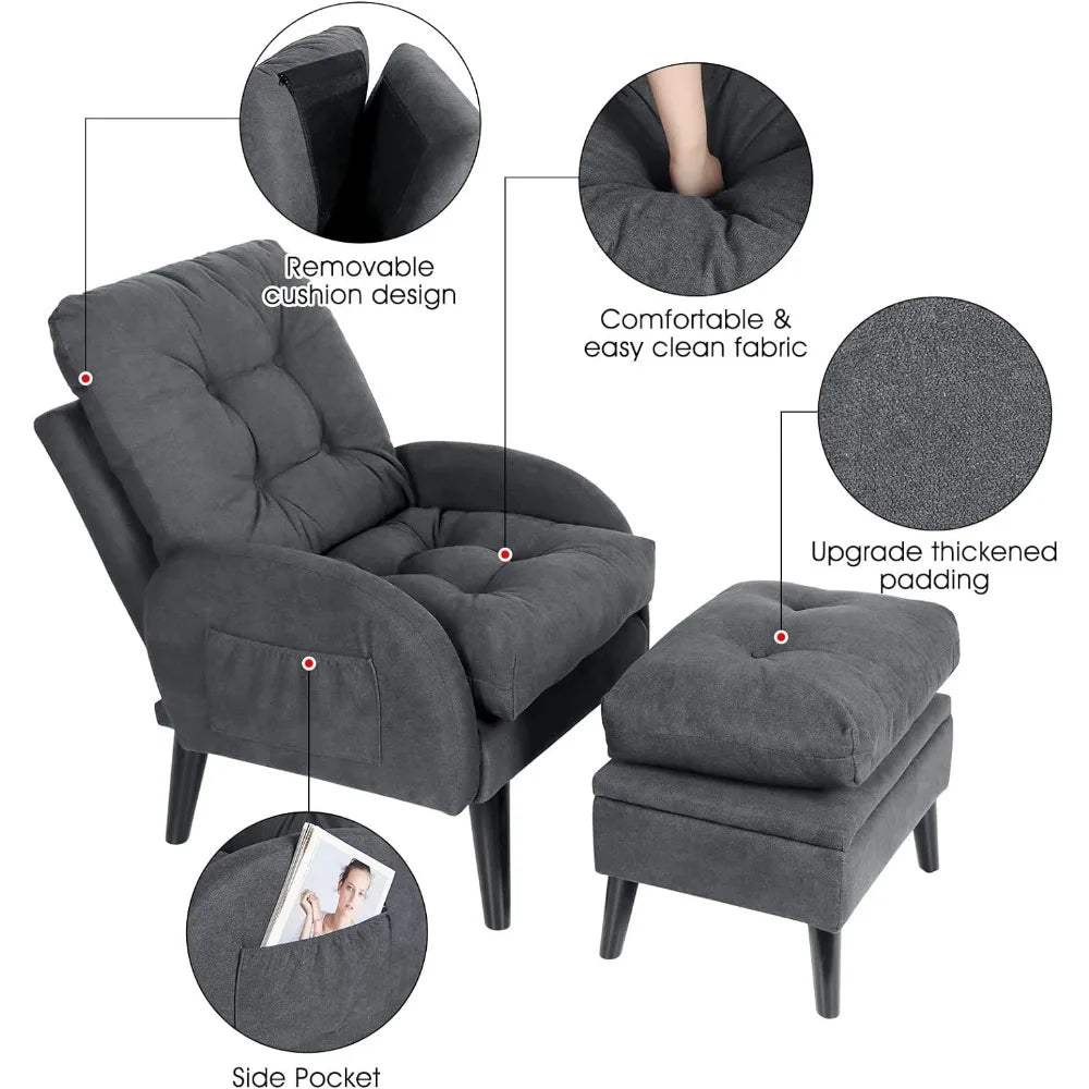Grey Wingback Accent Chair with Ottoman, 5-Position Adjustable Backrest, Storage Ottoman, Solid Wood Frame, Modern Lounge Chair for Living Room, Office, or Bedroom