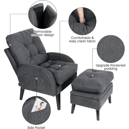 Grey Wingback Accent Chair with Ottoman, 5-Position Adjustable Backrest, Storage Ottoman, Solid Wood Frame, Modern Lounge Chair for Living Room, Office, or Bedroom