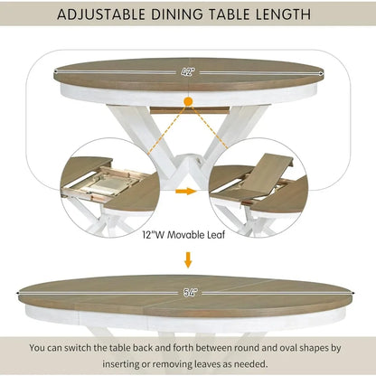 Extendable Round Dining Table Set for 4-6, 5-Piece Solid Wood Dining Set with 12-Inch Leaf