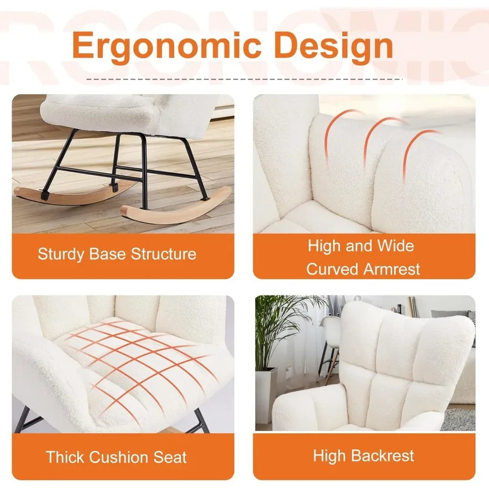 Ergonomic High-Back Papasan Rocking Chair with Wooden Legs and Soft Fabric Cushion